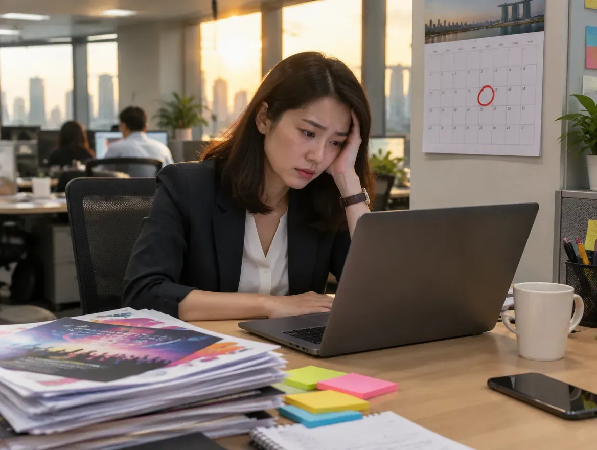 A comms officer at their desk, an event date circled on the calendar behind them.
