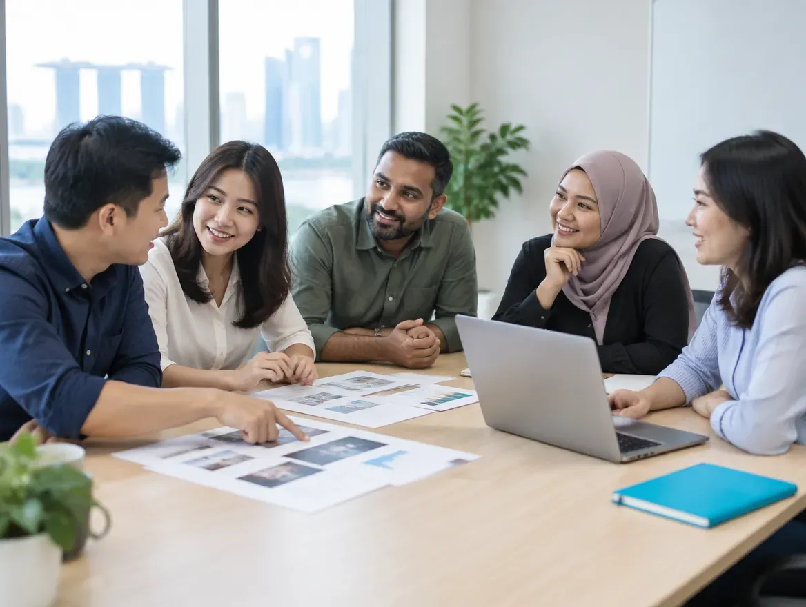 A team of marketers planning a campaign around a meeting table